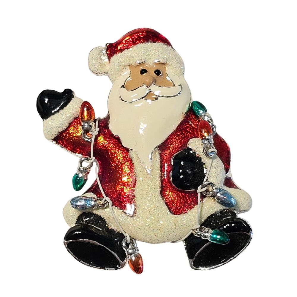 Santa Claus Brooch Pin 2.09" Red Glitter Enamel Christmas Holiday, Gift Box